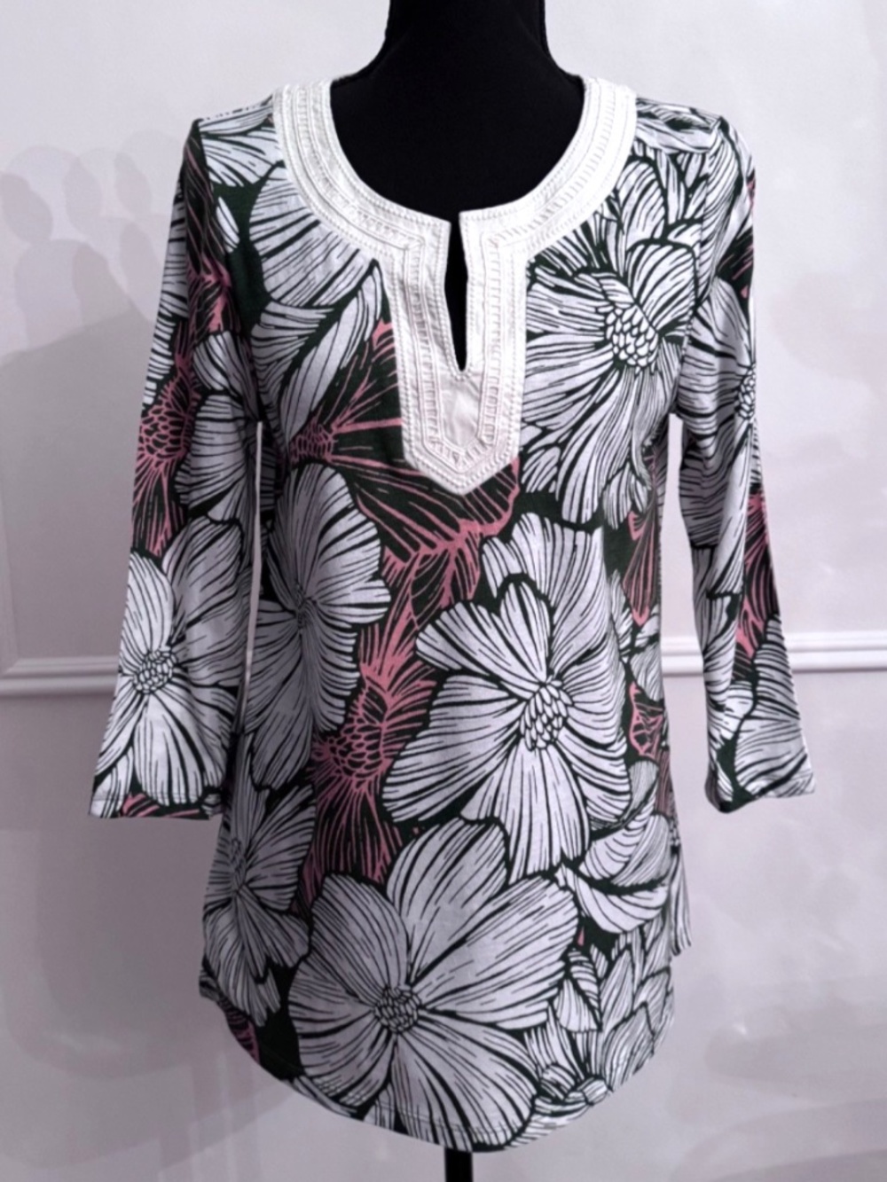 Talbots Petite Tunic SP Tropical Floral Pima Cotton Modal Split V-Neck 3/4 EUC